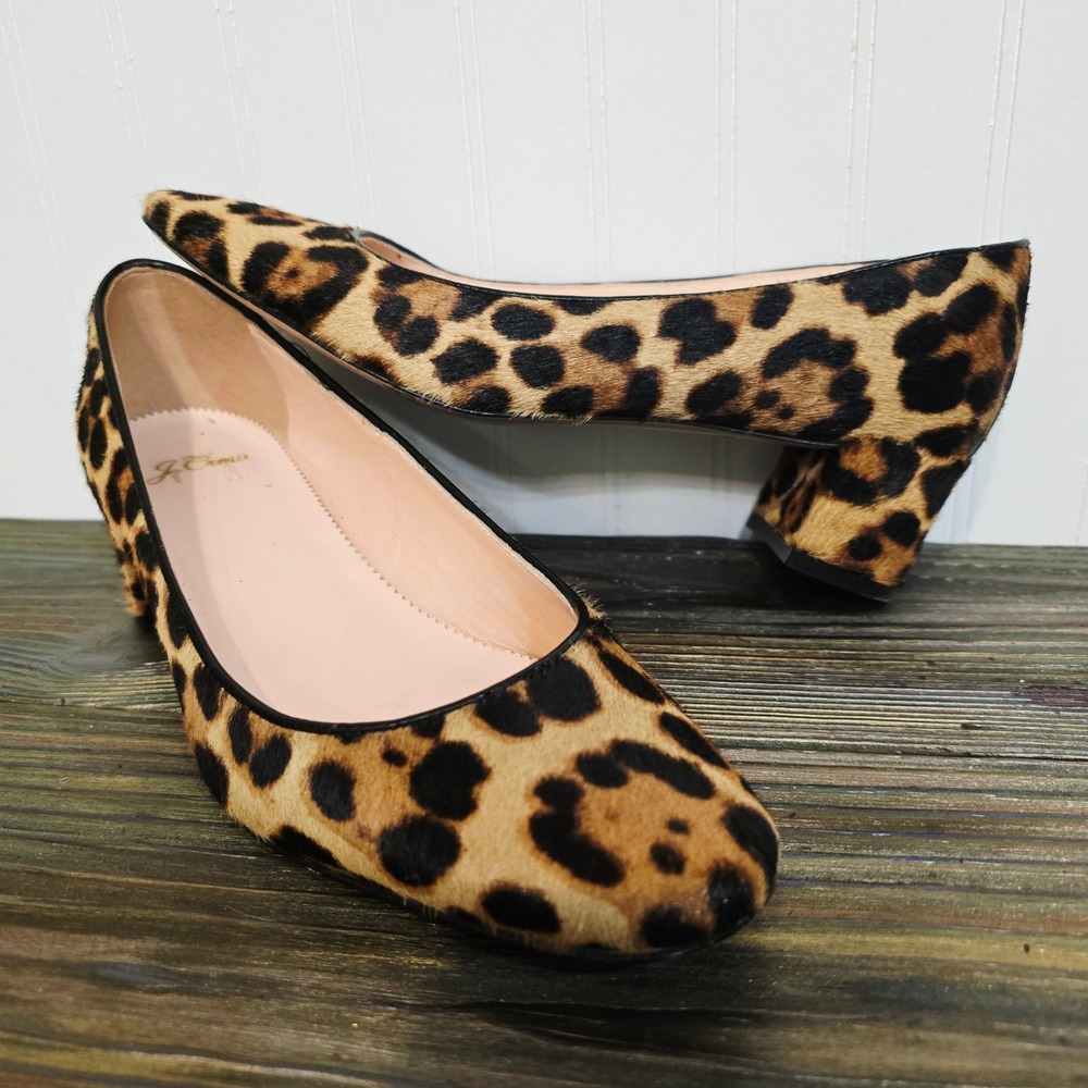 J.Crew Leopard Calf Hair Block Heel Pumps Brown Tan Women Size 8